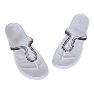 Crocs Womens Sanrah White MetalBlock Casual Slip On Thong Sandals Size 10